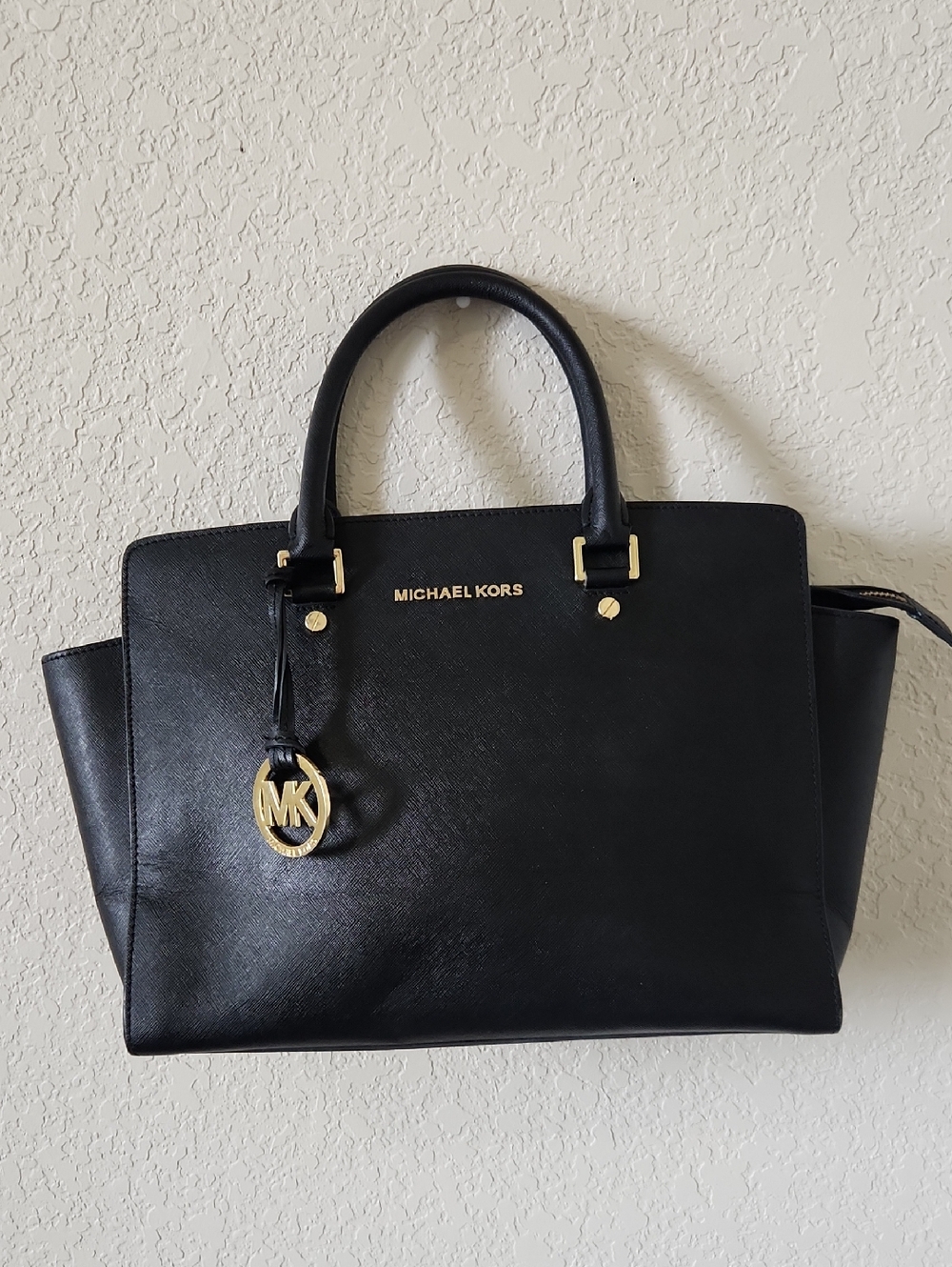 Michael Kors Black Leather Saffiano Satchel with Gold Hardware